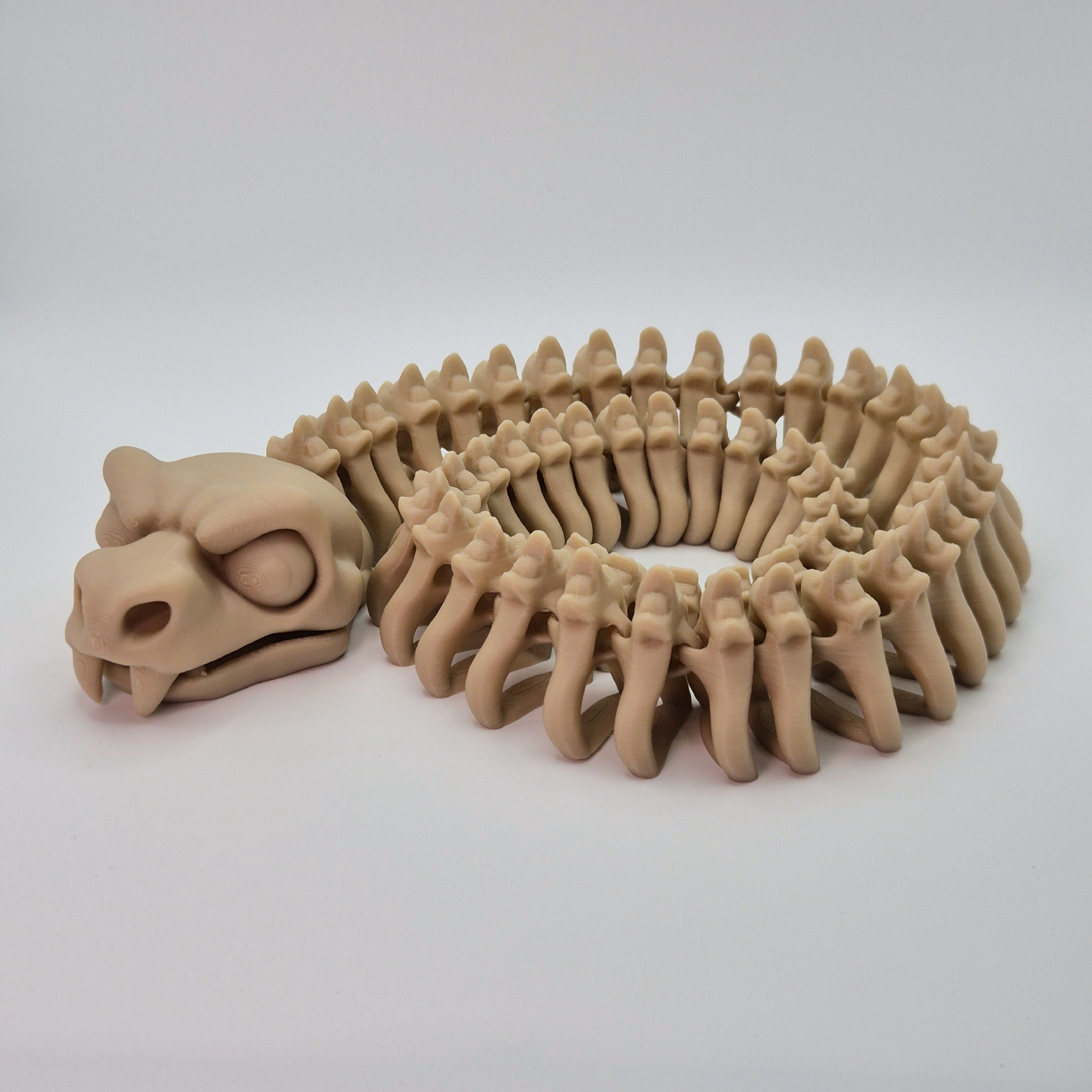 Front view of a coiled bone-coloured 3D-printed articulating skeleton Snake toy