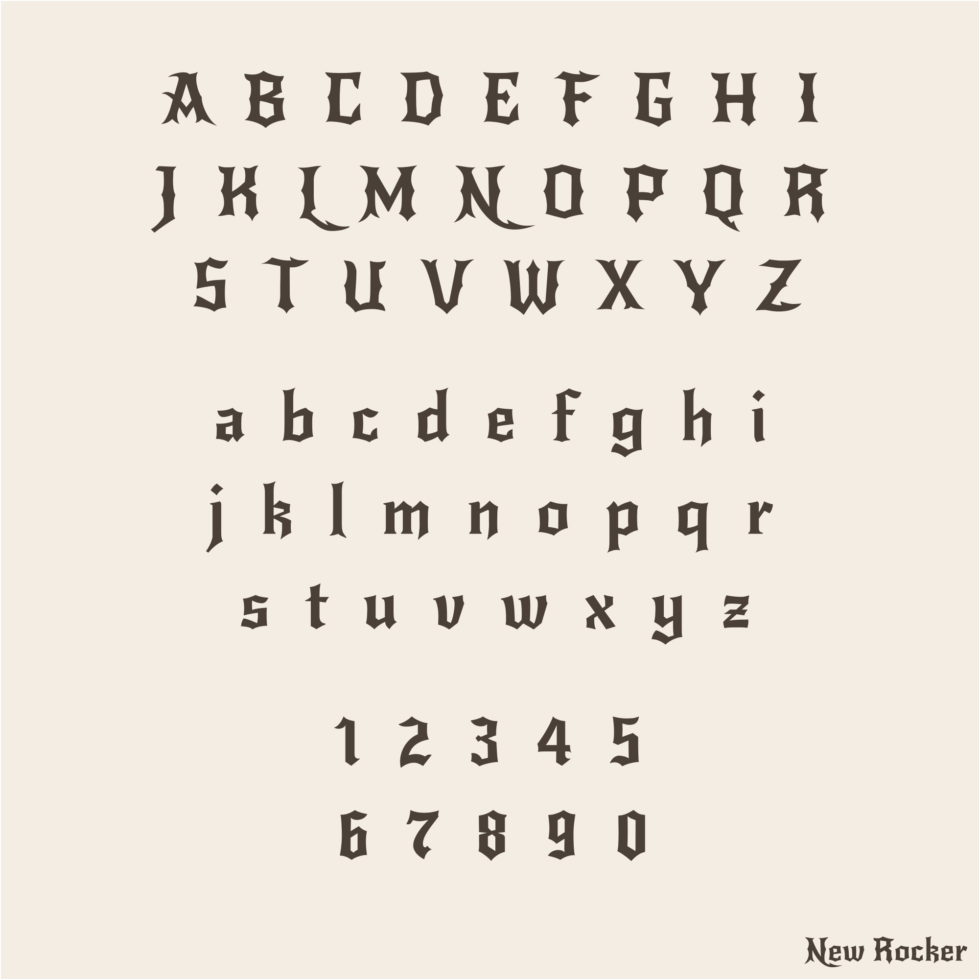 A type specimen sheet showing the New Rochelle alphabet in both uppercase and lowercase, along with numbers 1 through 0, printed in a dark brown gothic-style font on a light beige background.