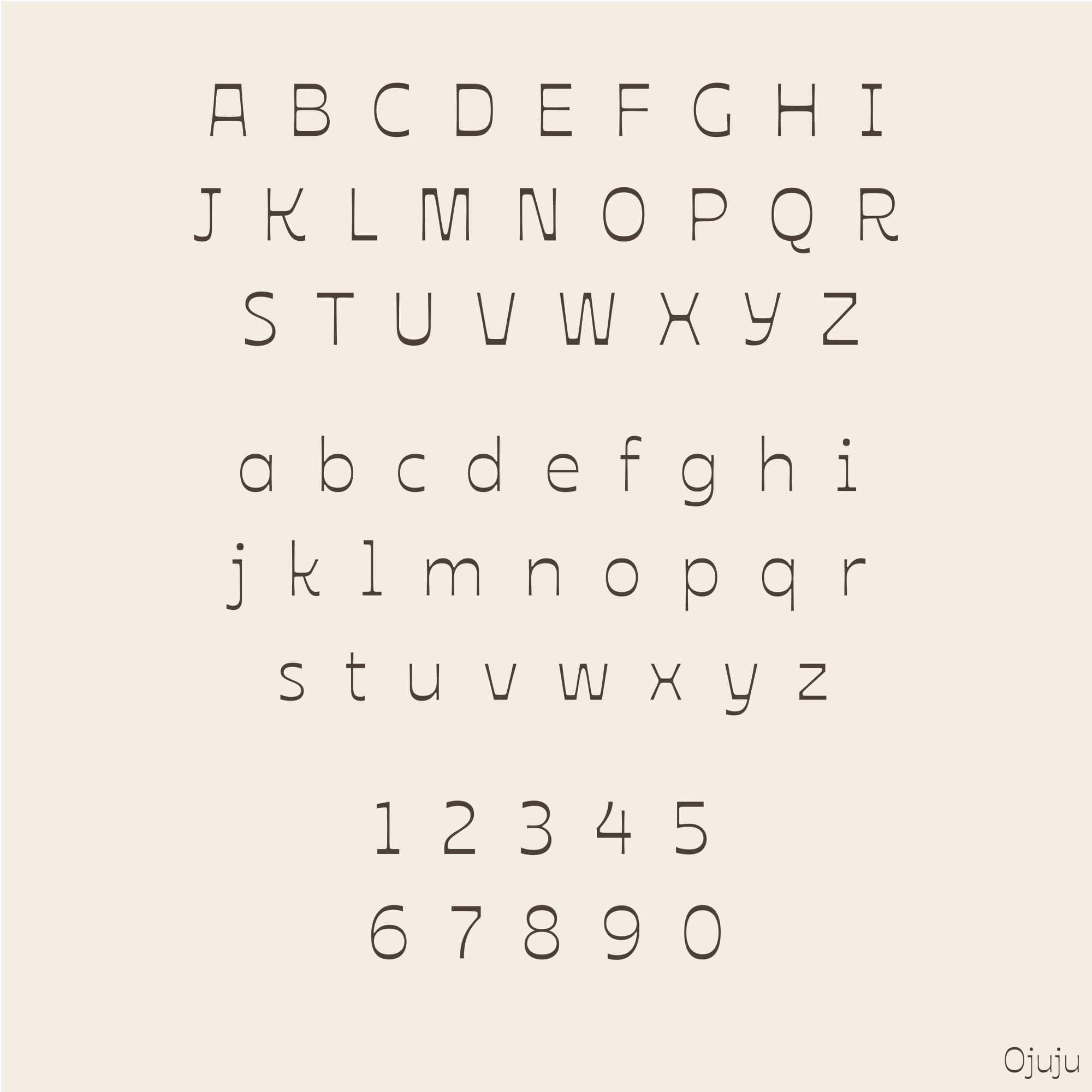 A monogram-style alphabet and number display showing uppercase and lowercase letters A through Z, plus the numbers 1 through 0, in a thin dark gray font on a warm beige background. The word 'Ojuju' appears in the bottom-right corner.