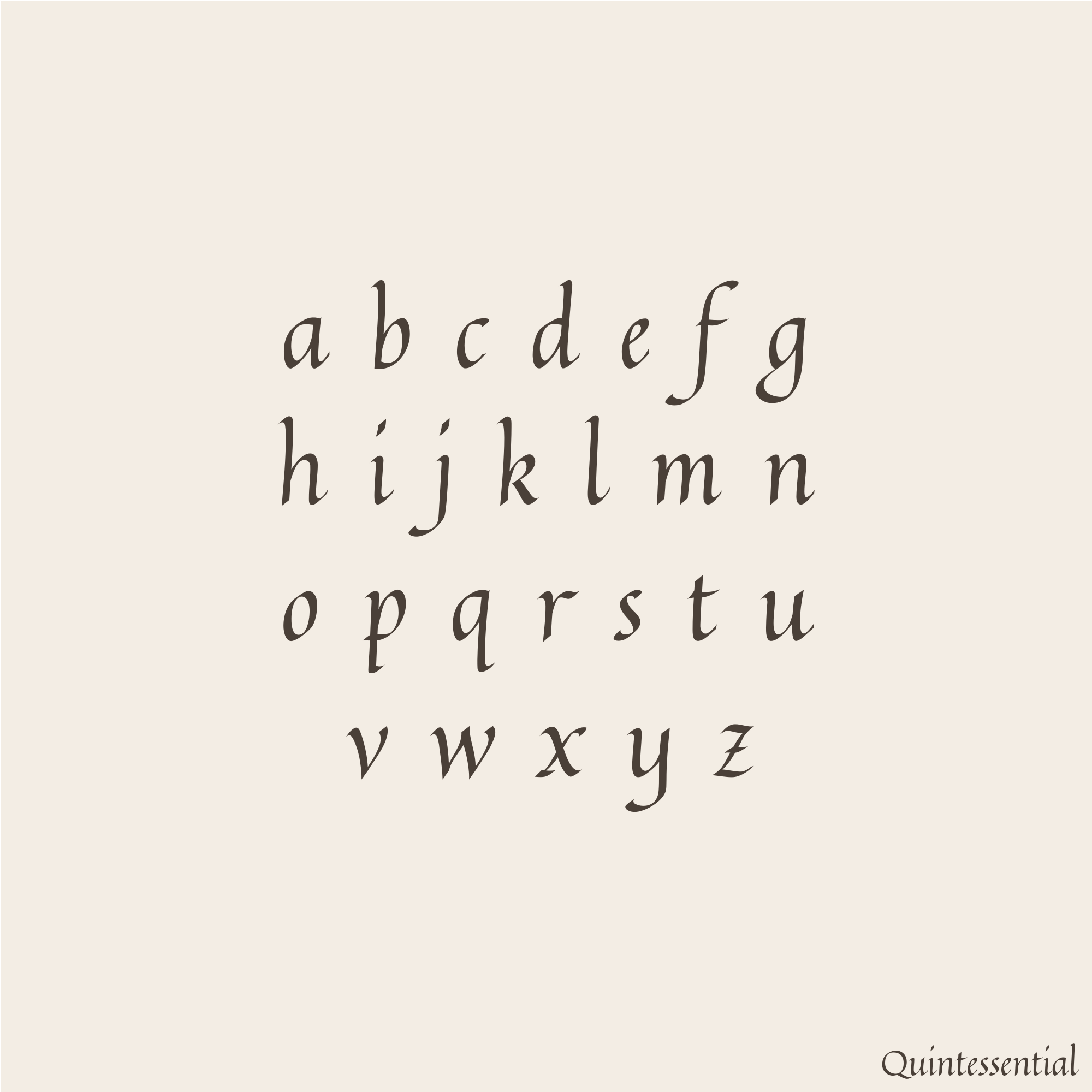 A square product image showing the lowercase alphabet in a dark brown serif font, labeled 'Quintessential' in the bottom right corner on a warm cream background.