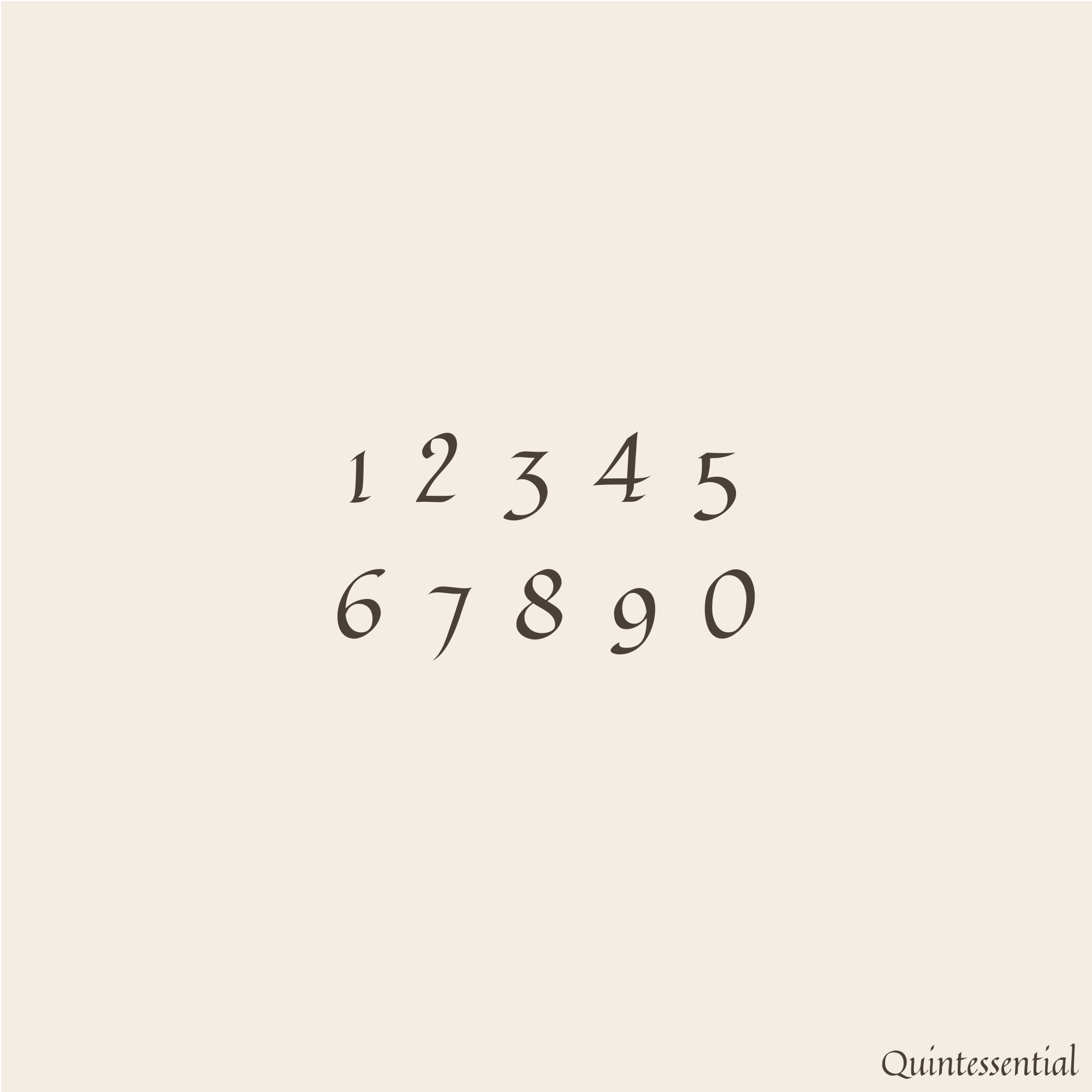A square color swatch featuring the word Quintessential in a dark brown serif typeface, centered on a warm cream background.