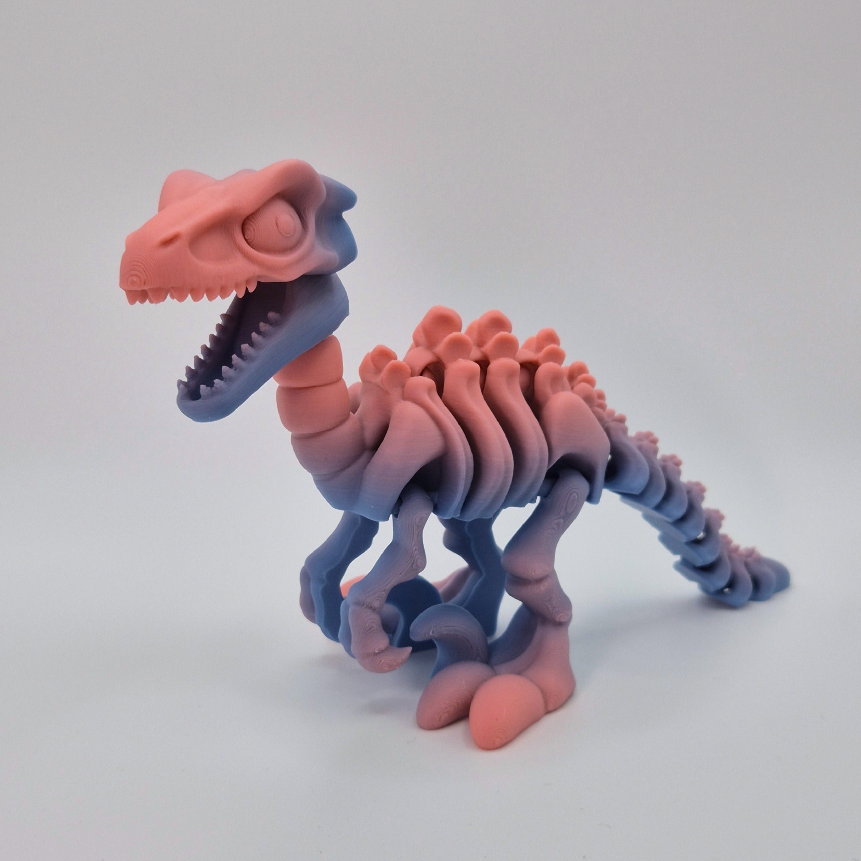 Angled front view of a sherbet-coloured 3D-printed articulating skeleton Velociraptor toy