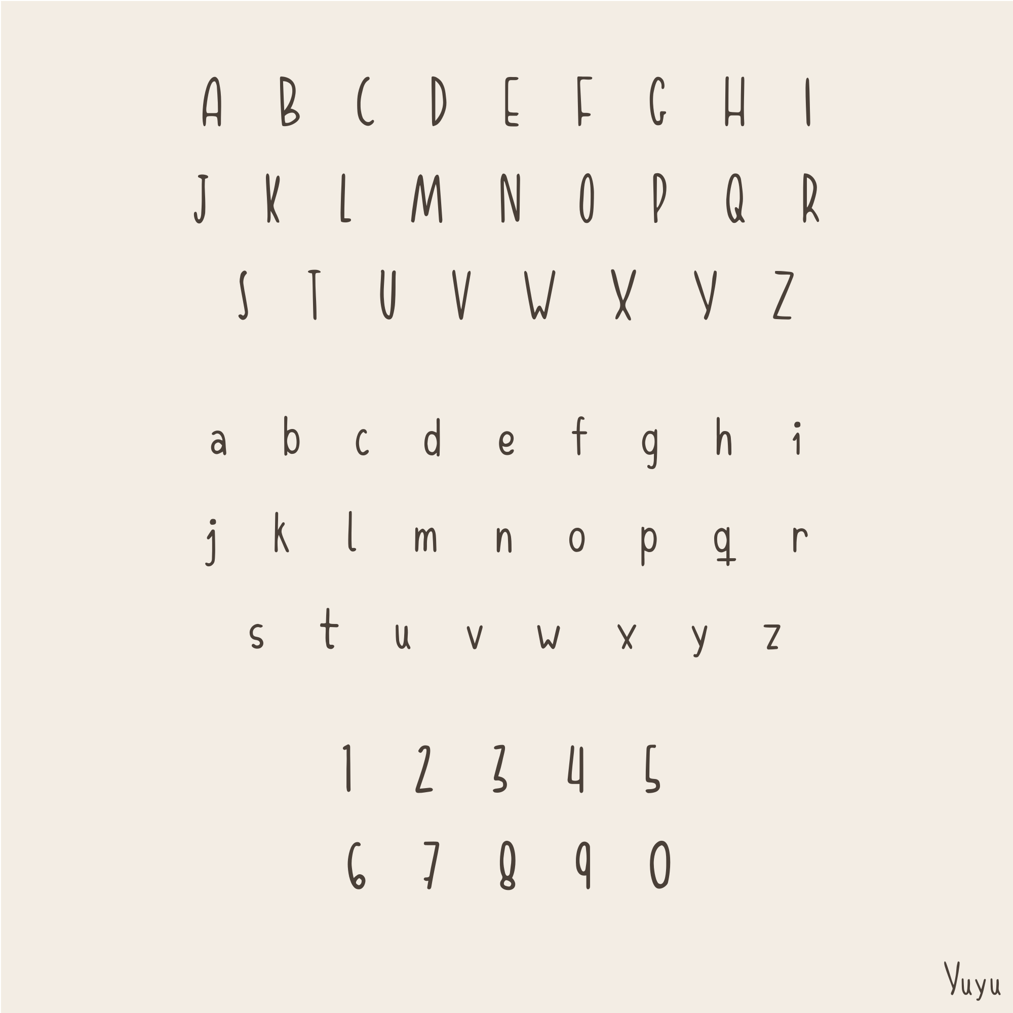 A typographic alphabet chart showing uppercase and lowercase letters plus numbers 0-9 in a thin dark gray handwritten-style font on a warm off-white background. The name 'Yuyu' appears in the bottom-right corner.