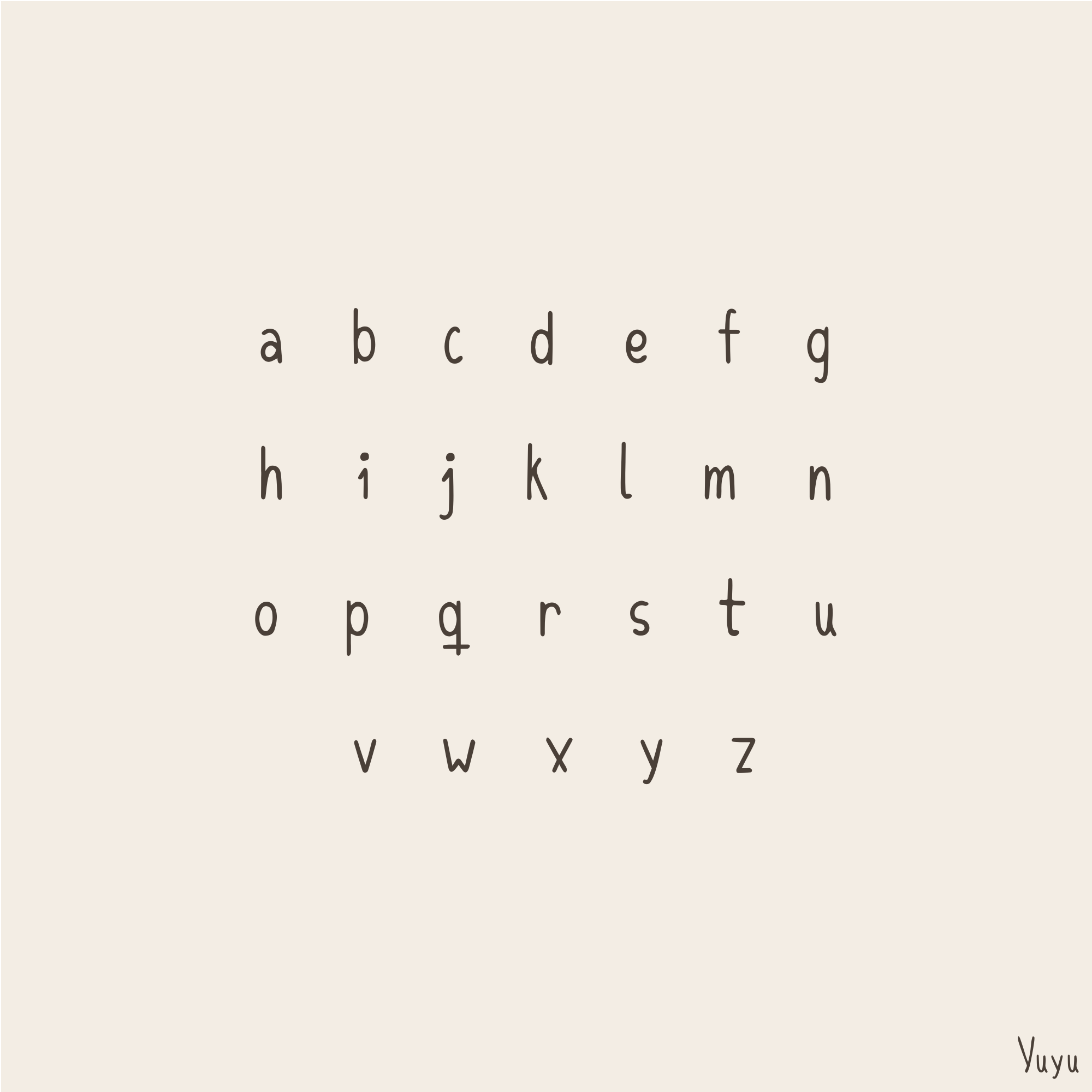 A minimalist alphabet chart showing lowercase letters a through z in a thin dark serif typeface on a warm off-white background. The brand name 'Vuyu' appears in small print in the bottom right corner.