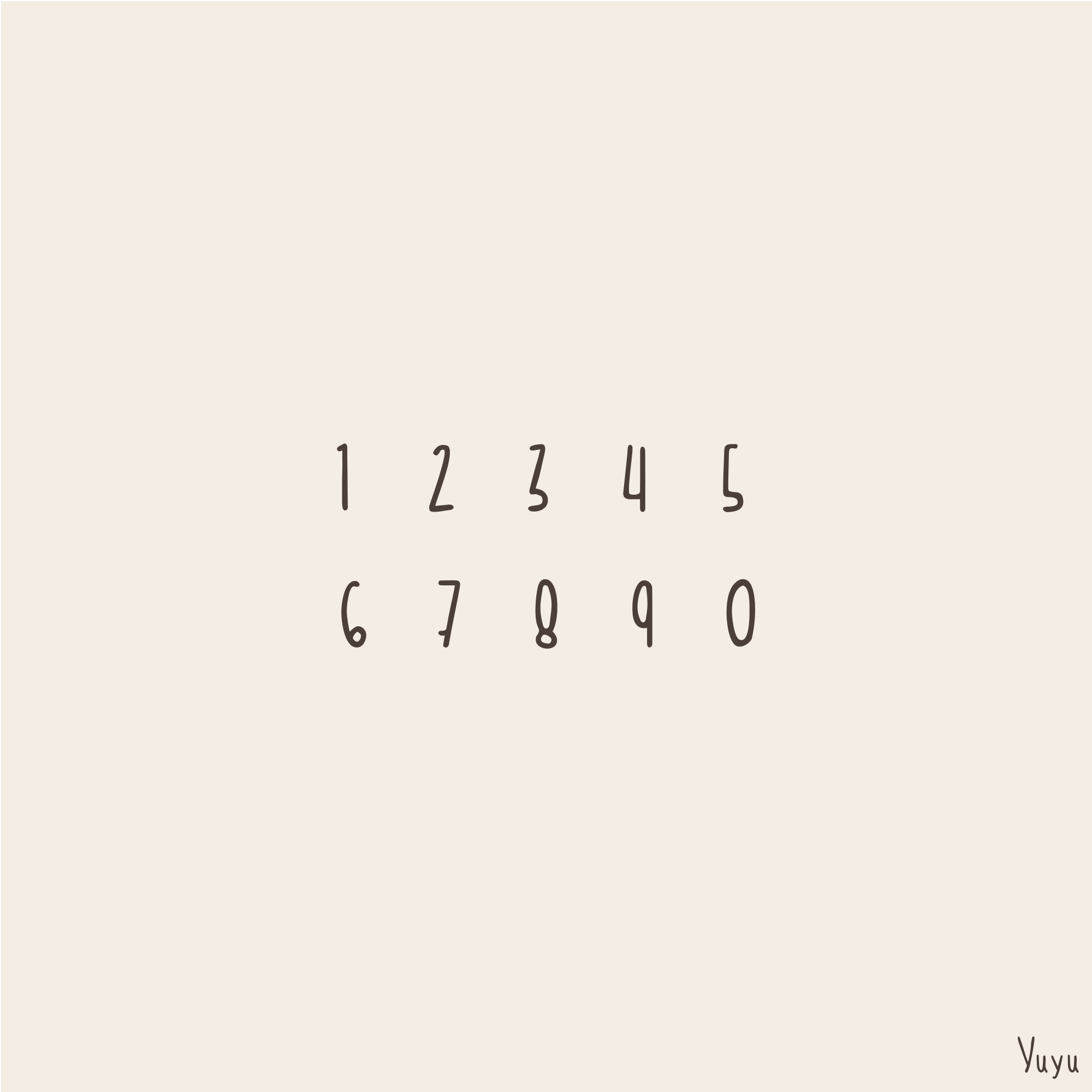 A minimalist beige square with centered handwritten-style numbers 0 through 5 arranged in two rows, plus a small 'Vuyu' mark in the bottom-right corner.